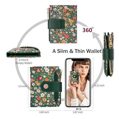 Image of Small Womens Wallet,Bifold Leather Wallet for Women RFID Card Holder Ladies Compact Pocket Wallet for Crossbody Bag (Green Floral)