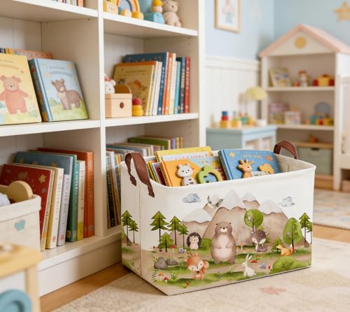 Image of Sanjiaofeng Rectangular Forest Animals Kids Laundry Basket Animal Hamper for Nursery Waterproof folding Kids Storage Basket Woodland Animals Room Decor Books Box Gift Baskets(Mountain animal)