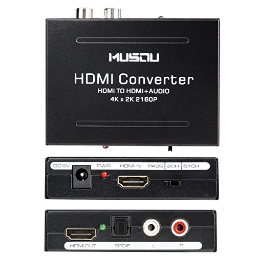 Musou HDMI Audio Extractor V1.4,HDMI to HDMI + Optical Toslink(SPDIF) + RCA(L/R) Stereo Analog Outputs Video Audio Splitter Converter Support 4K,Black