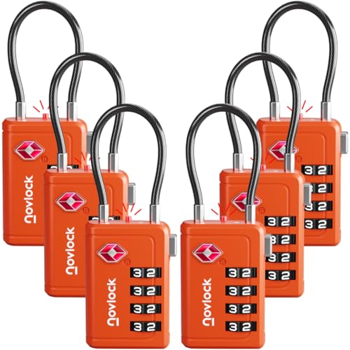 NOVLOCK Luggage Locks TSA Approved with Inspection Indicator and Resettable 4-Digit Easy-to-Read Combination TSA Locks for Luggage Suitcases Backpacks & Travel Bags Orange 6-Pack