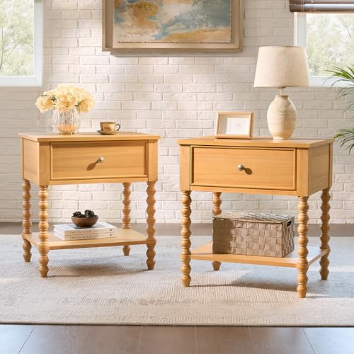 Image of AMERLIFE 24 inch Wood Nightstand Set of 2, Vintage Bedside Table for Bedroom, Solid Wood Night Stand with Turned Legs, End Table with Drawer & Open Shelf, Natural Finish