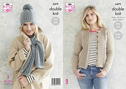 King Cole Ladies Double Knitting Pattern Womens Easy Lace Cardigan Scarf & Hat (5479)