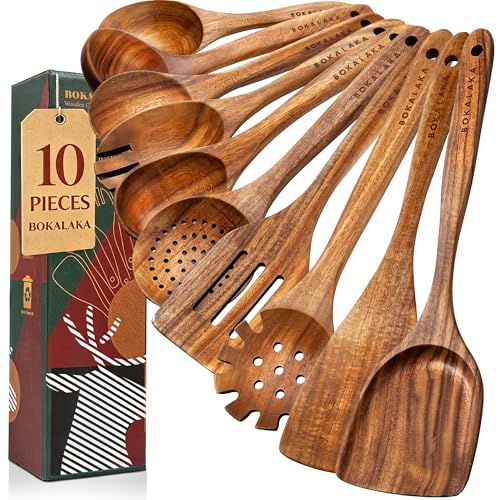 Wooden Spoons for Cooking,10 Pcs Natural Teak...