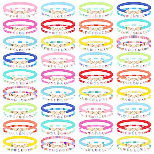 Image of Landical 72 Pcs Friendship Beaded Bracelets Bulk for Women Adjustable Colorful Beaded Bracelets Colorful Letter Friends Surfer Friendship Bracelet Party Favor Gifts(Elastic Bead Style)