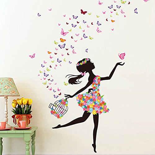 YUFENG Removable DIY PVC Wall Sticker Decor Flower Fairy Princess Butterfly Dancing Girls, Sweet Romance Flower Fairy Princess Moon Girl Wall Stickers Sitting Bedroom (princess girl 3)