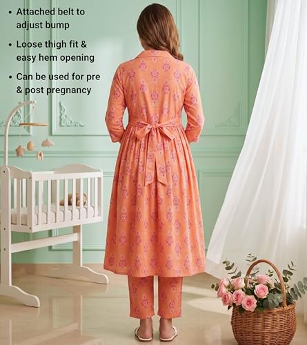Image of DUMMY SHAPE Maternity Dresses for Women Cotton Rayon | Floral Kurta Pant Dupatta Set with Nursing Zippers to Pre & Post Partum | Feeding Kurtis | Mom to Be Gifts for Pregnant Woman