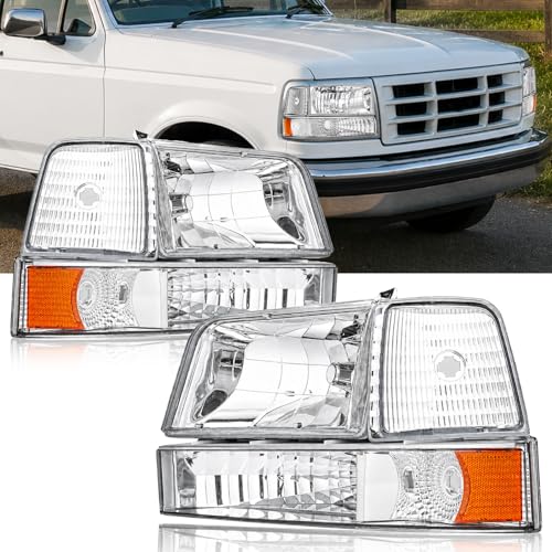 Fullux Headlights for 92-96 Ford F150 F250 F350 Bronco 1992 1993 1994 1995 1996 Replacements Assembly Chrome Housing Amber Reflector