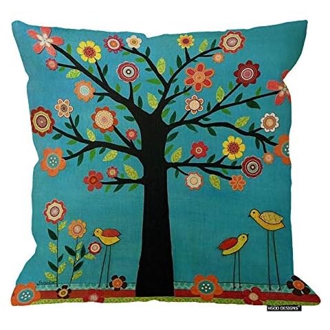 HGOD DESIGNS Beige Cotton Blend Linen Square Decorative Throw Pillow Covers Indoors or Outdoors Cushion Cases, 18" X 18", Beige/White/Black(Black Large Tree and Flower Birds) Cover
