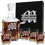 Personalized 5 pc Whiskey Decanter Set - Decanter and 4 Glasses Gift Set - Custom Engraved with Name and Initial