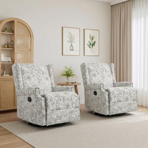 Image of Swivel Rocker Recliner Chairs Set of 2, 360 Swivel Wingback Recliner Chairs for Adults, Upholstered Glider Rocking Chair with High Back, Deep Seat for Living Romm Bedroom, Rococo Light Gray