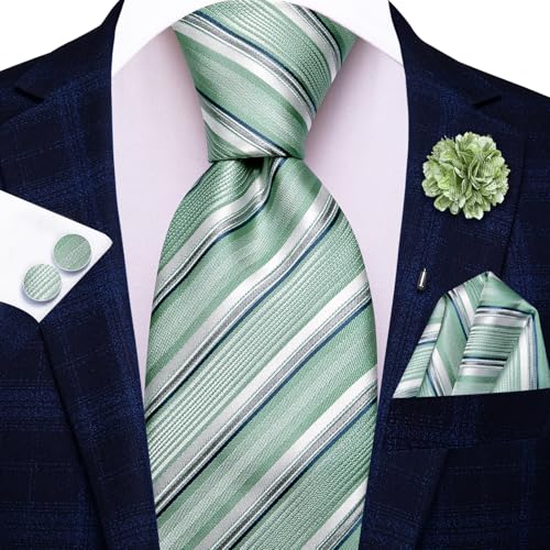 Image of Hi-Tie Sage Green Ties for Men Silk Striped Mens Dress Tie and Flower Lapel Pin Pocket Square Cufflinks Set 4 PCS Necktie