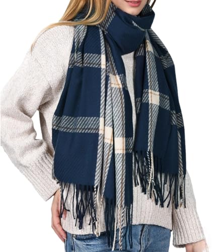 JFAN Echarpe Femme Hiver Châle Pashmina Foulard Écharpe Chaud Élégant Longues Grande Châle Plaid con Borlas bleu marine