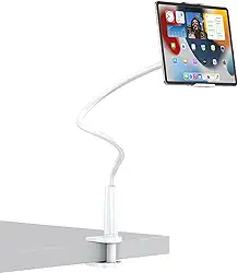 Suporte giratório de 360 graus para tablet e telefone com braço longo ajustável, suporte flexível universal para mesa e cama