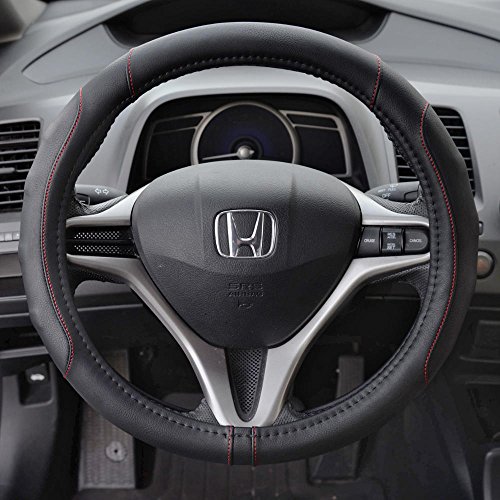 Image of Motor Trend Ergonomic Steering Wheel Cover /Protector for Small Size Steering Wheels in Cars, SUVs, Boats (13.5-14.5 inch) - Grip Drive Pro Comfort Grip (Black /Red Stitching)