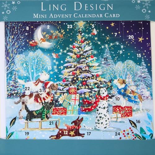 Countdown to Christmas - 24 Door - Festive Mini (6.5 x 6.5) Advent Calendar Gift Card with Envelope by Ling Design (Dogs Around Xmas Tree)