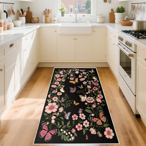 Washable Rug 2'×6' - Washable Runner Living Room Rug Boho Black Small Rugs for Entryway Kitchen Door Mat Indoor Entrance 2'×6' Rugs Butterfly Mats