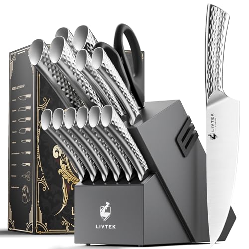 Livtek Knife Set with Block - Kitchen Knife Set German High-Carbon Stainless Steel with Built-in Sharpener - Full Tang Ergonomic Handle - Anti-Rust & Ultra Sharp - 15-Piece Set, Galaxy Series