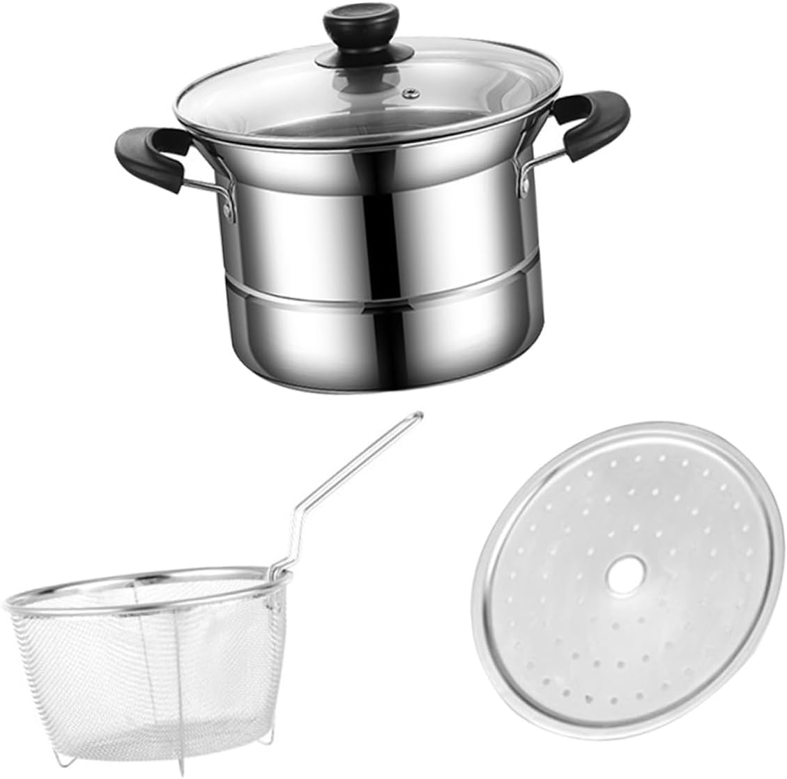 OUNONA Stainless Steel Deep Fryer Pot with Tempered Glass Lid Multifunctional Cooking Pot for Frying and Noodles Single Handle for Home Cooking