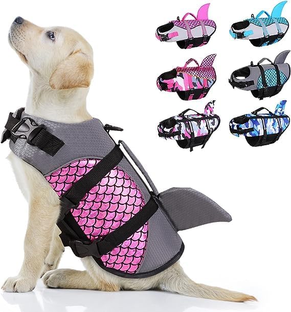 Matiko Dog Life Jacket- Preserver with Adjustable Belt, Pet Swimming Shark Jacket for Short Nose Dog 2