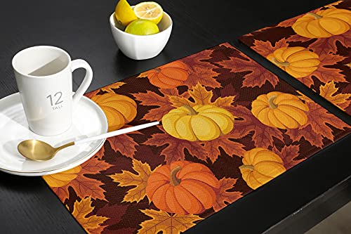 Fall Placemats Set Of 6,Cotton Linen Heat Resistant Thanksgiving Table Mats Washable Farmhouse Harvest Pumpkin Maple Leaves It's Fall Y'all Placemat For Holiday Banquet Dining Kitchen Table Decor #TOP4