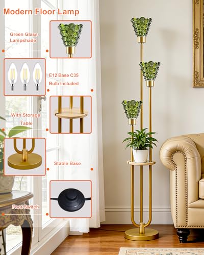 Image of Lightdot Green Glass Floor Lamp with Shelf, 63IN Mid Century Modern Gold Standing Lamps with 3 3000K Soft Warm White Bulbs Included, Floor Lamp with 5Lbs Heavy Base for Living Room /Wedding /Office