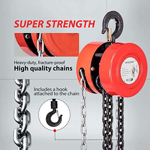 Specstar Hand Chain Hoist 1 Ton 2000 Lbs Capacity 10 Feet With 2 Heavy Duty Hooks, Manual Chain Fall For Warehouse Building Automotive Machinery Red #TOP2