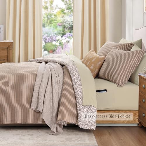 Image of BLOOMHAVEN Full Comforter Set - 7 Pieces Dark Brown Bedding Sets for All Seasons, Lightweight Breathable Bed in a Bag Full with Revesible Farmhouse Comforter, Sheets, Pillowcases & Shams