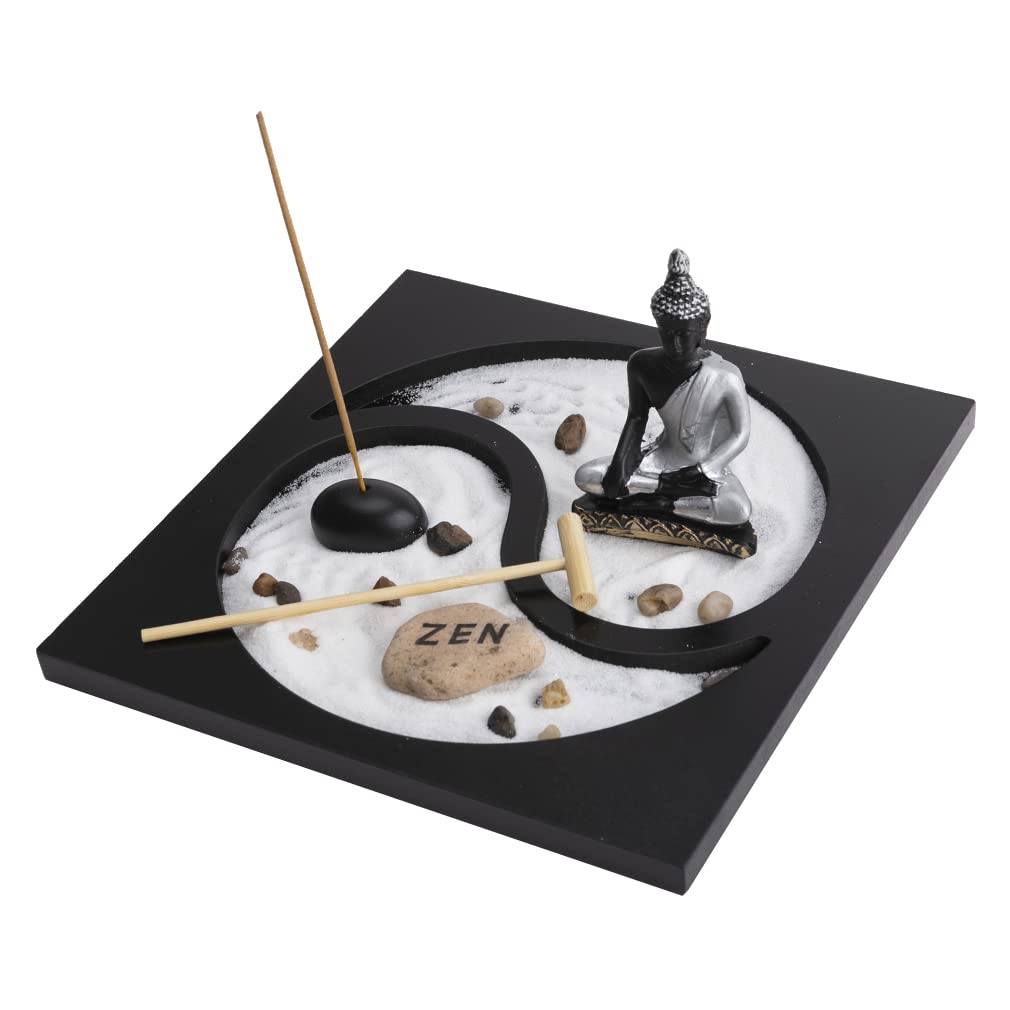lachineuse - Porta incenso Buddha giardino giapponese - Decorazione Zen Interni Buddha - con sabbia, pietre e rateau - Decorazione Zen Meditazione - Oggetto decorativo asiatico - Idea regalo