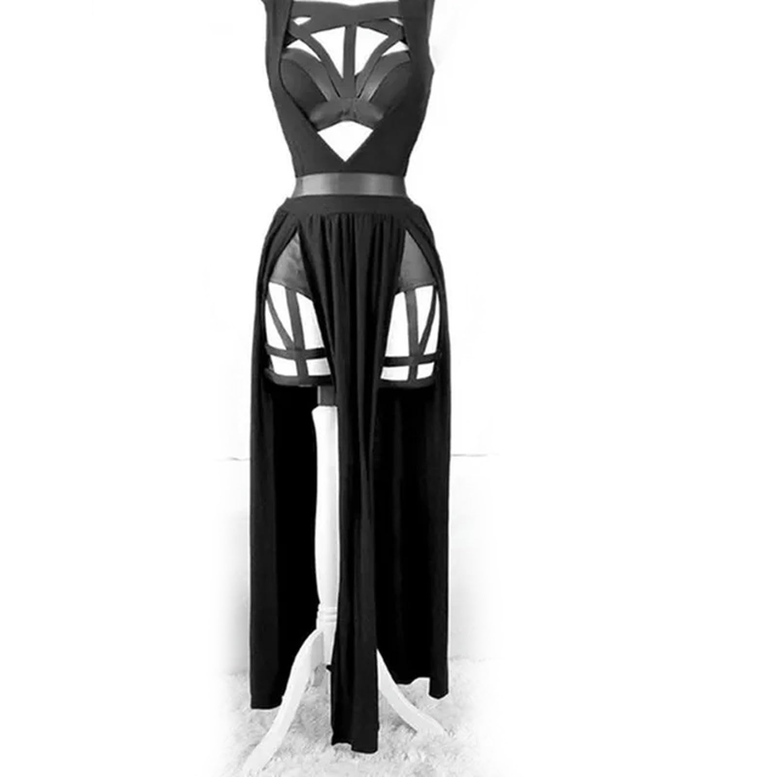 Weiting Women's Black New 3 Pieces Sets Dress With Pads Gothic Lingeries Party Wear Red Bandage Hollow Out Sets-Xxl