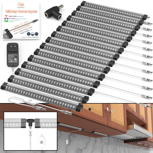 Image of EBD LED Under Cabinet Lighting for Kitchen Built-in Adjustable Cable & Mid Input Jack Bookshelf Plug in Light bar 15 Pcs 6750 Lm 3000K Ultra Bright for Timer Smart Plug Alexa Google Assistant & Siri