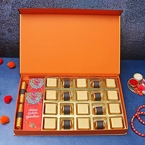 Image of Velvet Fine Chocolates Premium Rakhi Gift Hamper for Brother & Sister with Rakhi | Rakhi Gift Pack with 20 Assorted Chocolates, 2 Cranberry Chocolate Logs, 1 Fruit Nut Bar, 1 Chocolate Bar