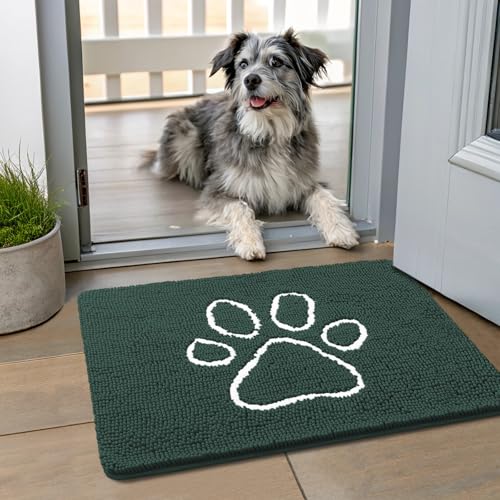 Image of Smiry Dog Door Mat for Muddy Paws, Absorbent Dirt Trapper Non Slip Quick Dry Washable Chenille Mat for Mud Dogs, Entry Rug for Indoor and Outdoor (24x16 Inches, Green and White)