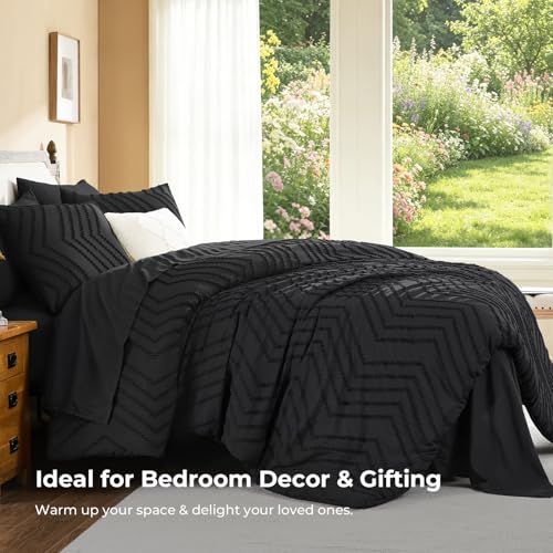 Image of Litanika Black Queen Size Comforter Set with Sheets - 7 Pieces Bed in a Bag Queen Tufted Complete Bedding Sets with Comforter, Sheets, Pillowcases & Shams