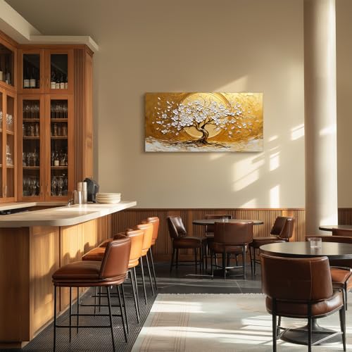 SERIMINO Tree of Life Large Wall Art, Gold Tree Nature-Inspired Abstract Art Prints, Blooming Flowers Canvas Painting, Sun Modern Wall Decor Living Room Bedroom Home Office Ready to Hang 24"X48"
