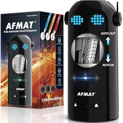 AFMAT Electric Pencil Sharpener, Robot Pencil Sharpener for Colored Pencils 7-11.5mm, Auto in & Out, Fully Automatic Rechargeable Hands-Free Pencil Sharpener for Home Classroom, Black Cover