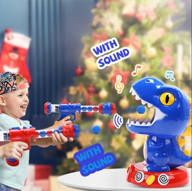 Miniatura 5 de EagleStone - Juguete de dinosaurio móvil para disparar, niebla, 2 pistolas de bomba de aire, puntuación automática, sonido, 48 pelotas de espuma,