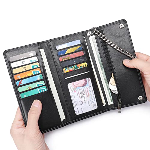 NIUCUNZH Mens Genuine Leather Chain Wallet: Biker Trucker Long Trifold wallet Heavy Duty Black3