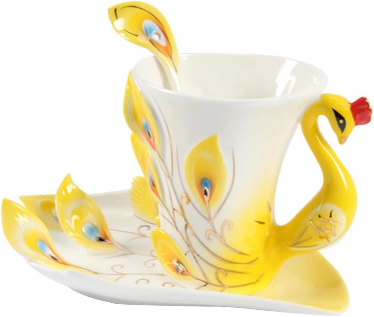 vanki 1 pc Collectable Fine Arts China Porcelain Tea Cup and Saucer Coffee Cup Peacock Theme Romantic Creative Present,Yellow