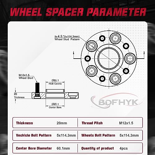 Image of BDFHYK 20 mm 5x4.5 Hub Centric Wheel Spacers, 5x114.3 mm Wheel Hub Adapter M12x1.5 Studs & 60.1mm Hub Bore Compatible with Toyota X-Runner Tacoma 2WD RAV4 Camry Avalon,ES300 ES330,TC XB,Set of 4