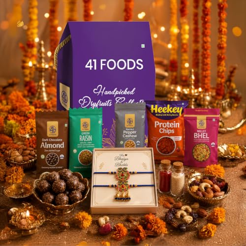 41Foods® Rakhi Hamper for Bhaiya &Bhabhi Dry Fruit Gift Box | Combo of 9 | Rakhi Gift for Brother & Bhabhi Rakshabandhan Gifts | Dry Fruits|Dates and 