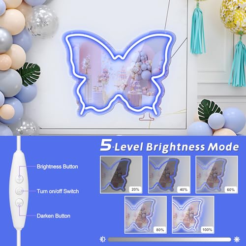 Image of Butterfly Neon Sign Mirror, Neon Sign for Wall Decor, LED Butterfly Light with Dimmable Brightness, 15.7 inch x 12 inch Mirror Neon Sign for Girls Room, Teen Bedroom Decor, Birthday Party Gift, USB Powered Blue