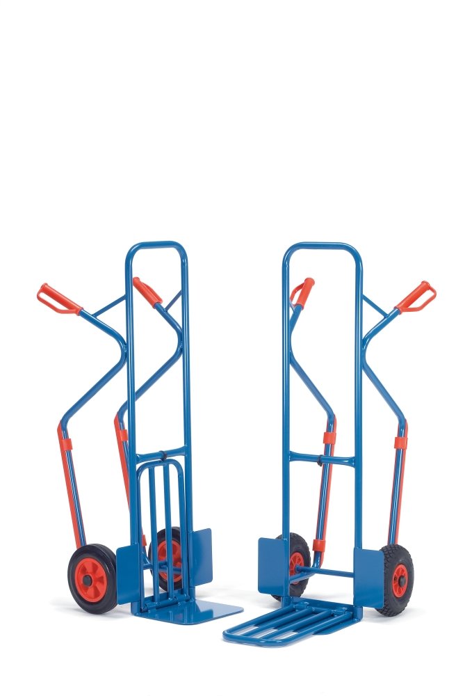 Fetra Paketkarren 300 kg, Höhe 1300 mm, mit Stahlblech- und Klappschaufel und Kunststoffgleitkufen