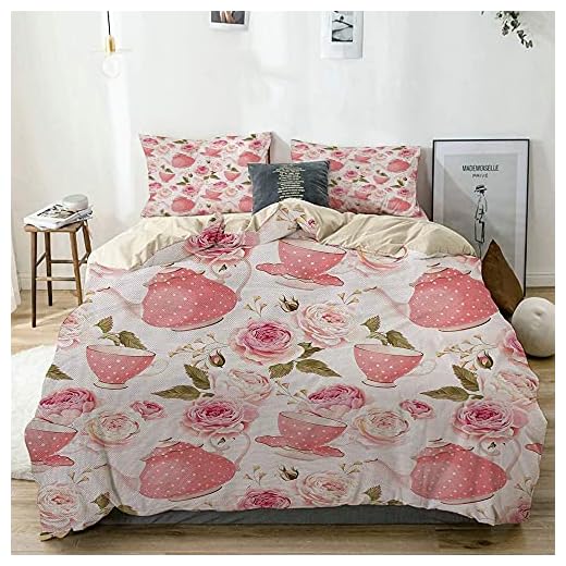Bdppood Vintage stil tekoppar med rosor romantiskt shabby chic designtryck, dekorativt 3-delat sängkläder set king size med 2 örngott