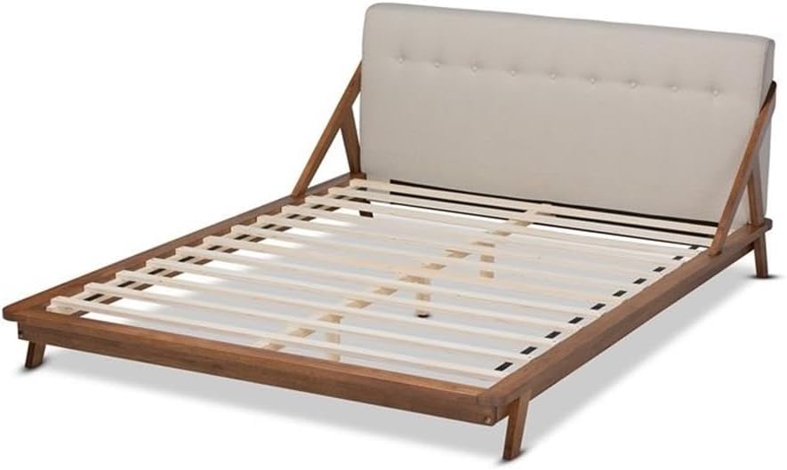 BOWERY HILL Mid-Century Queen Platform Bed, Solid Rubberwood Frame with Light Beige Upholstered Headboard, Walnut Brown Finish, Slat Support, 33.7" H x 65" W x 88.8" D, Stylish Bedroom Furniture