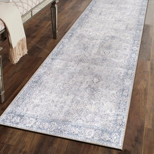 Rugshop Ocean/Blue Transitional Vintage Bordered Runner Rug — Machine Washable, 2'6"x10' for Hallway, Entryway and Kitchen