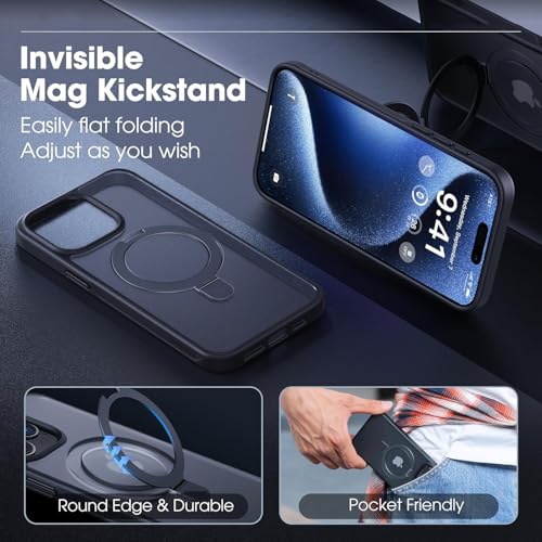 Image of DIZORO Magnetic Ring Stand for iPhone 15 Pro Max Case [Military Drop Protection] [Compatible with MagSafe] Shockproof Matte Translucent Slim Phone Case - Black.