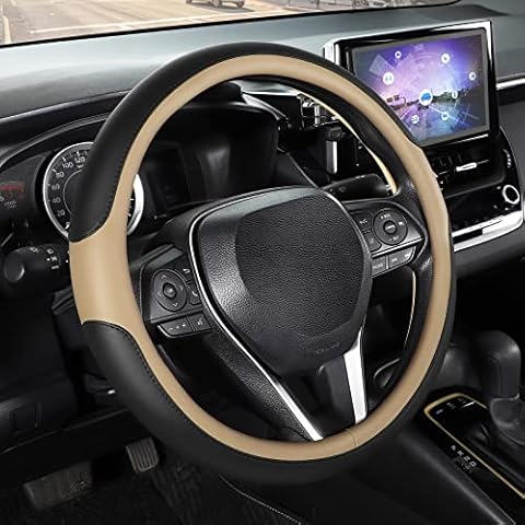 SEG Direct Car Steering Wheel Cover Microfiber Leather, Standard-Size 37-39cm, Anti-Slip, Auto Steering Wheel Protector, Black and Beige Cover