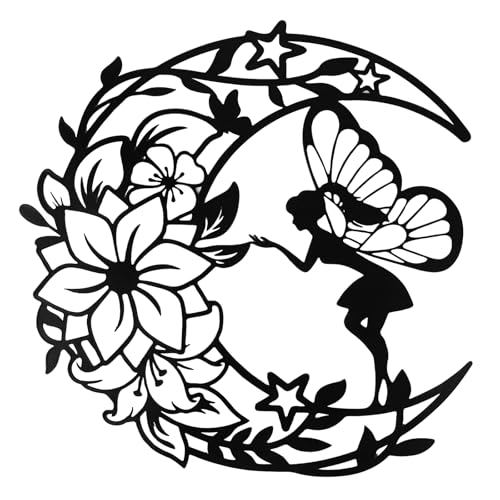 FRUHLING Décoration murale en métal noir - Motif lune, elfe et fée des fleurs - Décoration murale minimaliste - Sculptures murales modernes pour chambre à...