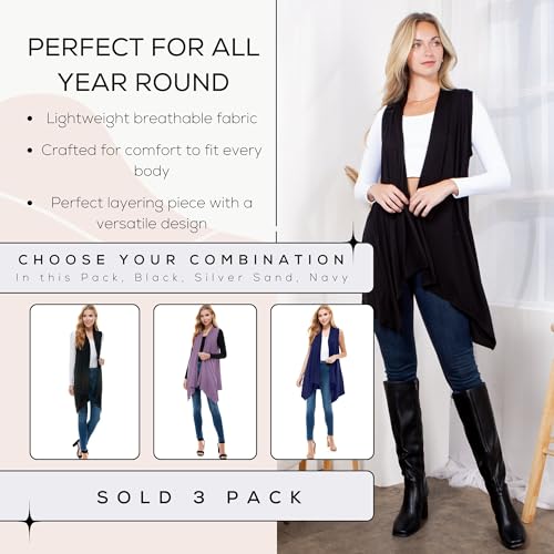 Image of Azules Sleeveless Cardigan for Women, Soft Lightweight Duster Open Front Sleeveless Long Cardigan Vest (3 Pack)