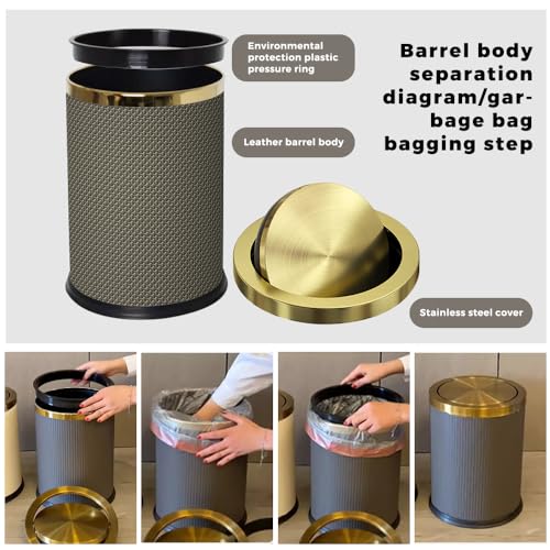 Image of 9L /2.3GAL Bathroom Trash Cans Gold,Brush Brass Trash Can with Lid,Gold Trash Can for Bathroom,Bedroom, Powder Room,Office,Laundry Room (9L-Gery)